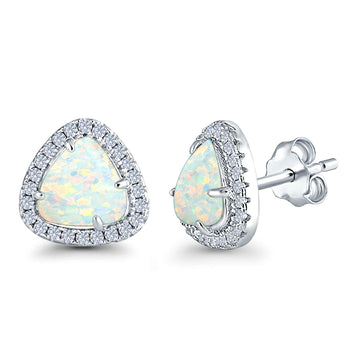 Halo Trillion Cut Stud Earrings Lab Created White Opal 925 Sterling Silver (12mm)